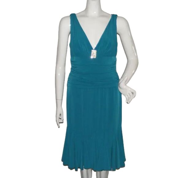 JS COLLECTION Dress, M, Turquoise, A-Line, Ruching, Rhinestone Centerpiece - Picture 1 of 8